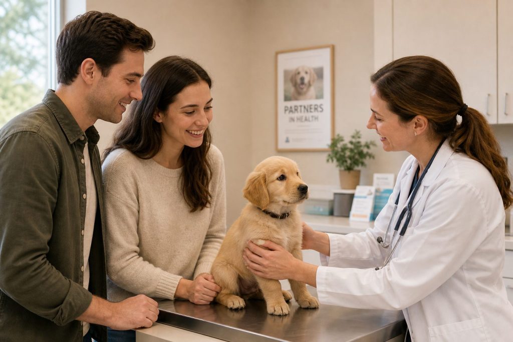 Veterinaria examinando un cachorro en su primera consulta veterinaria con sus tutores – Clínica Táder Molina de Segura