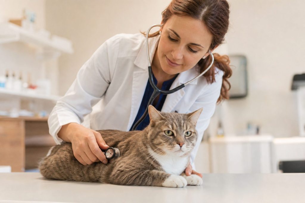 Veterinario explorando un gato tranquilo en consulta de revisión de enfermedad crónica – Clínica Táder Molina de Segura