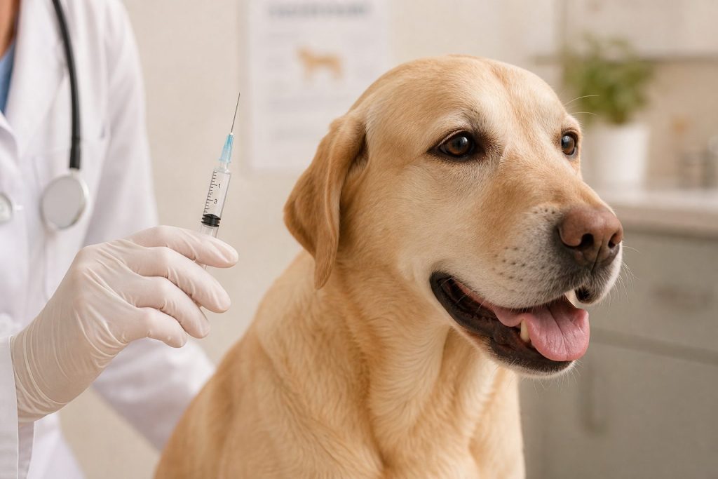 Veterinario preparando una vacuna para un perro en clínica veterinaria – calendario de vacunas canino