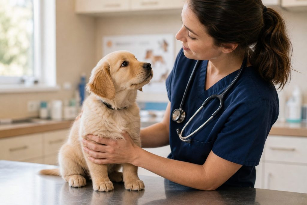Veterinario sosteniendo un cachorro pequeño en su primera revisión vacunal – clínica veterinaria Molina de Segura