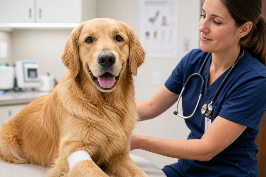 Perro con vendaje en la pata tras recibir la vacuna de la rabia en clínica veterinaria en Murcia