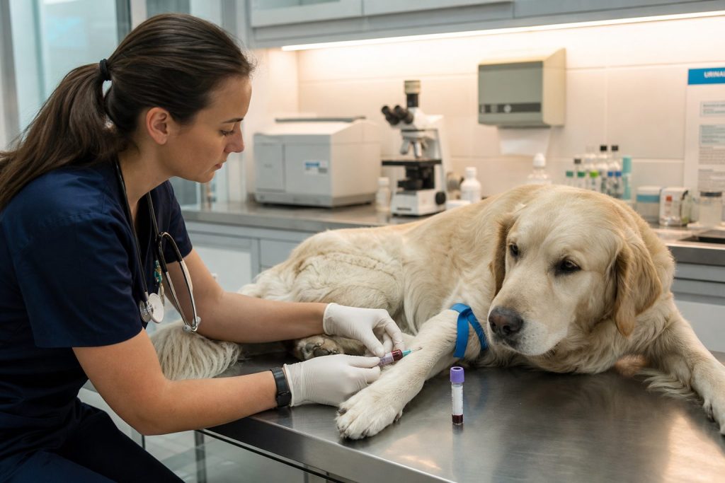 Veterinario extrayendo sangre de la pata de un perro para analítica veterinaria en clínica