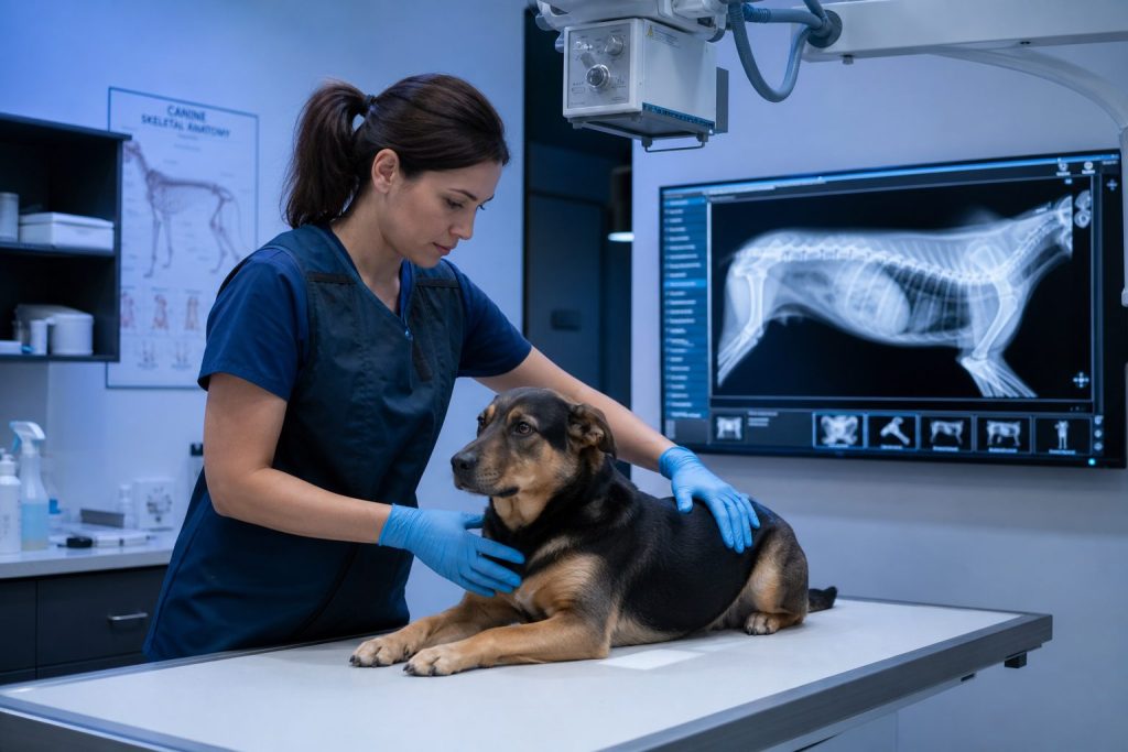 Veterinaria posicionando un perro en mesa de radiografía digital en clínica veterinaria