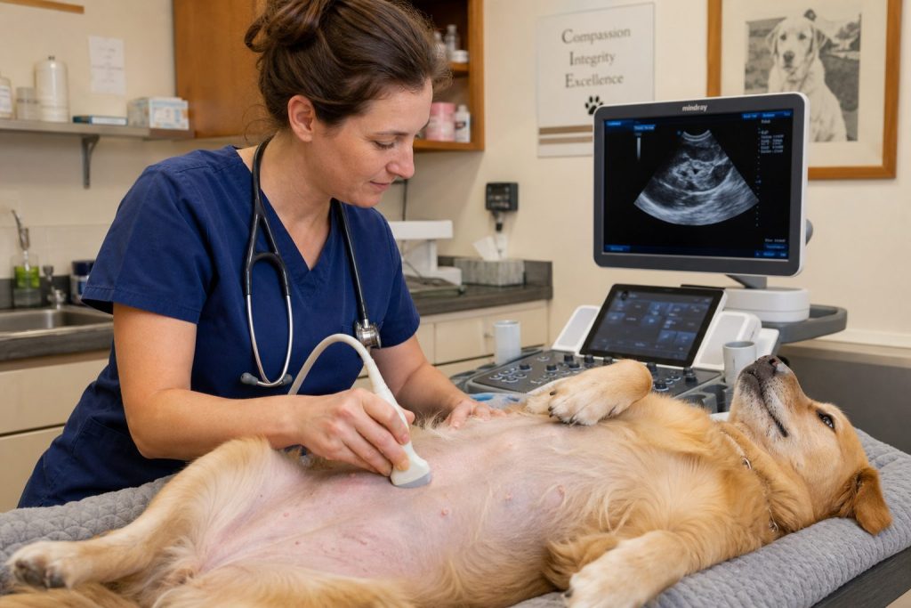 Veterinario realizando ecografía abdominal a un perro tumbado en camilla – clínica veterinaria Molina de Segura