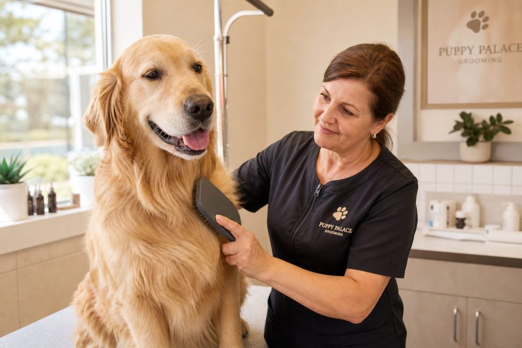 Peluquera canina cepillando a un perro en salón de peluquería integrado en clínica veterinaria Molina de Segura